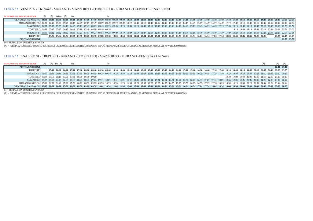 Timetable Venice – Line 12