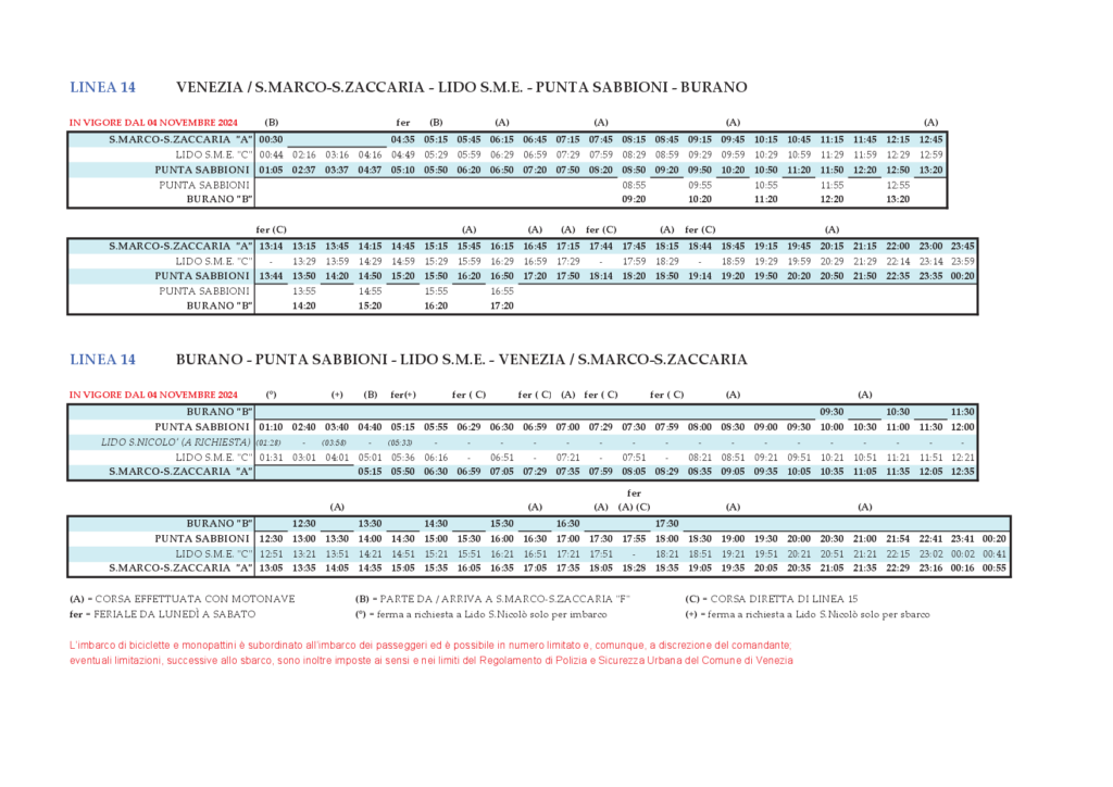 Timetable Venice – Line 14