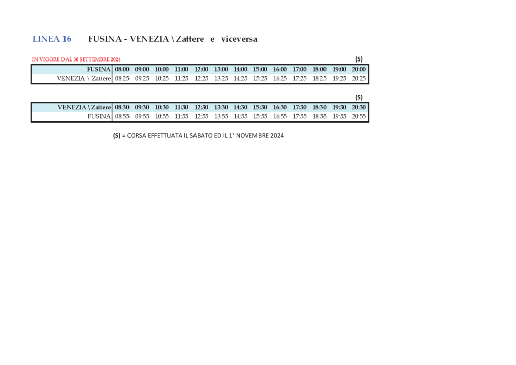 Timetable Venice – Line 16