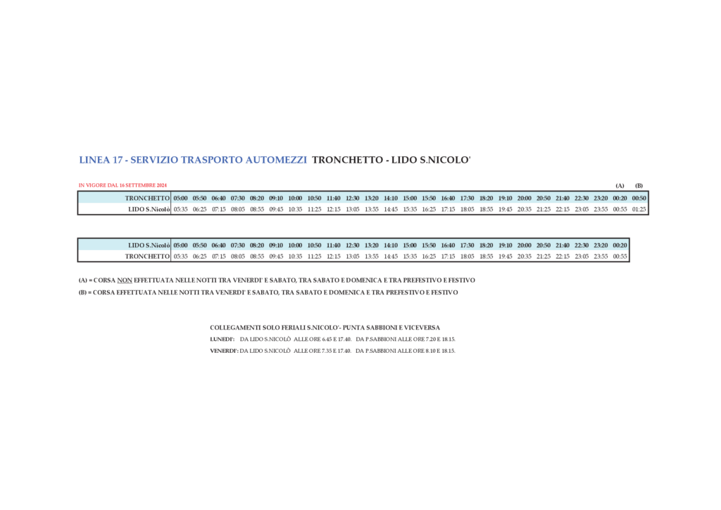 Timetable Venice – Line 17