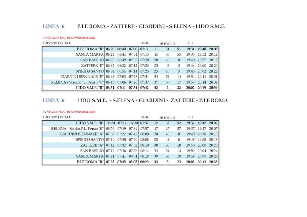 Timetable Venice – Line 6